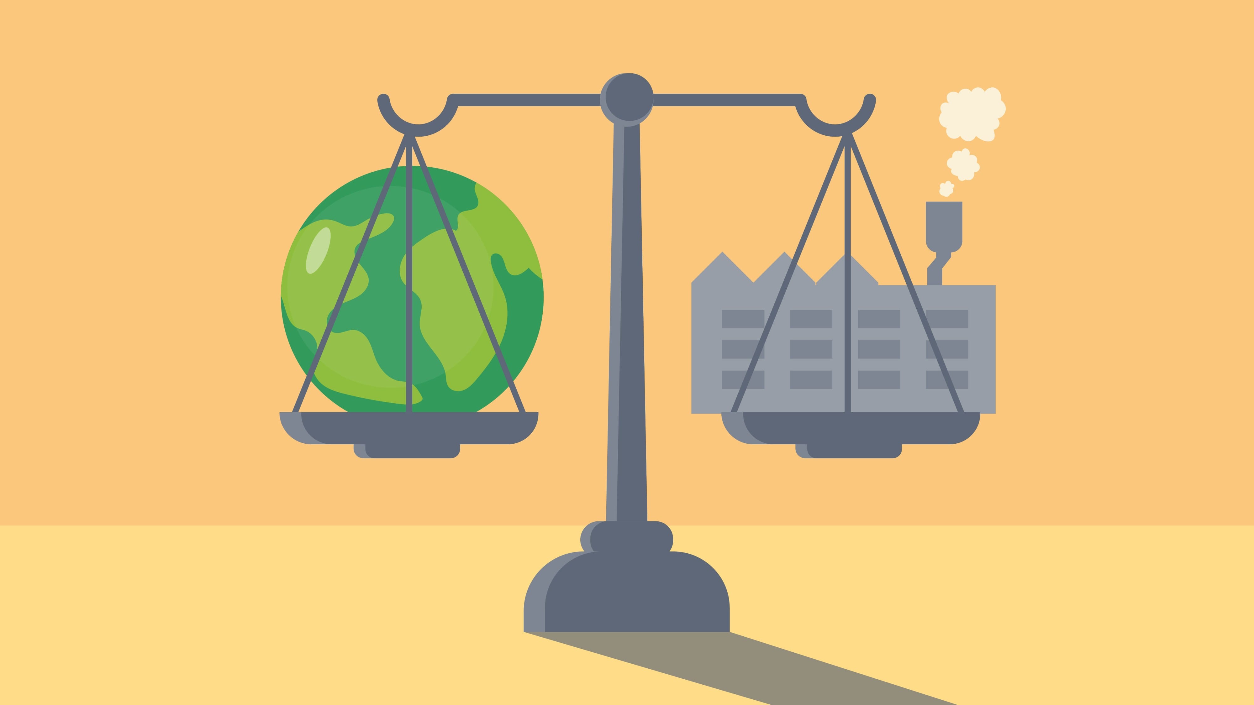 An illustration of a scales with a planet on oneside and a building on the other